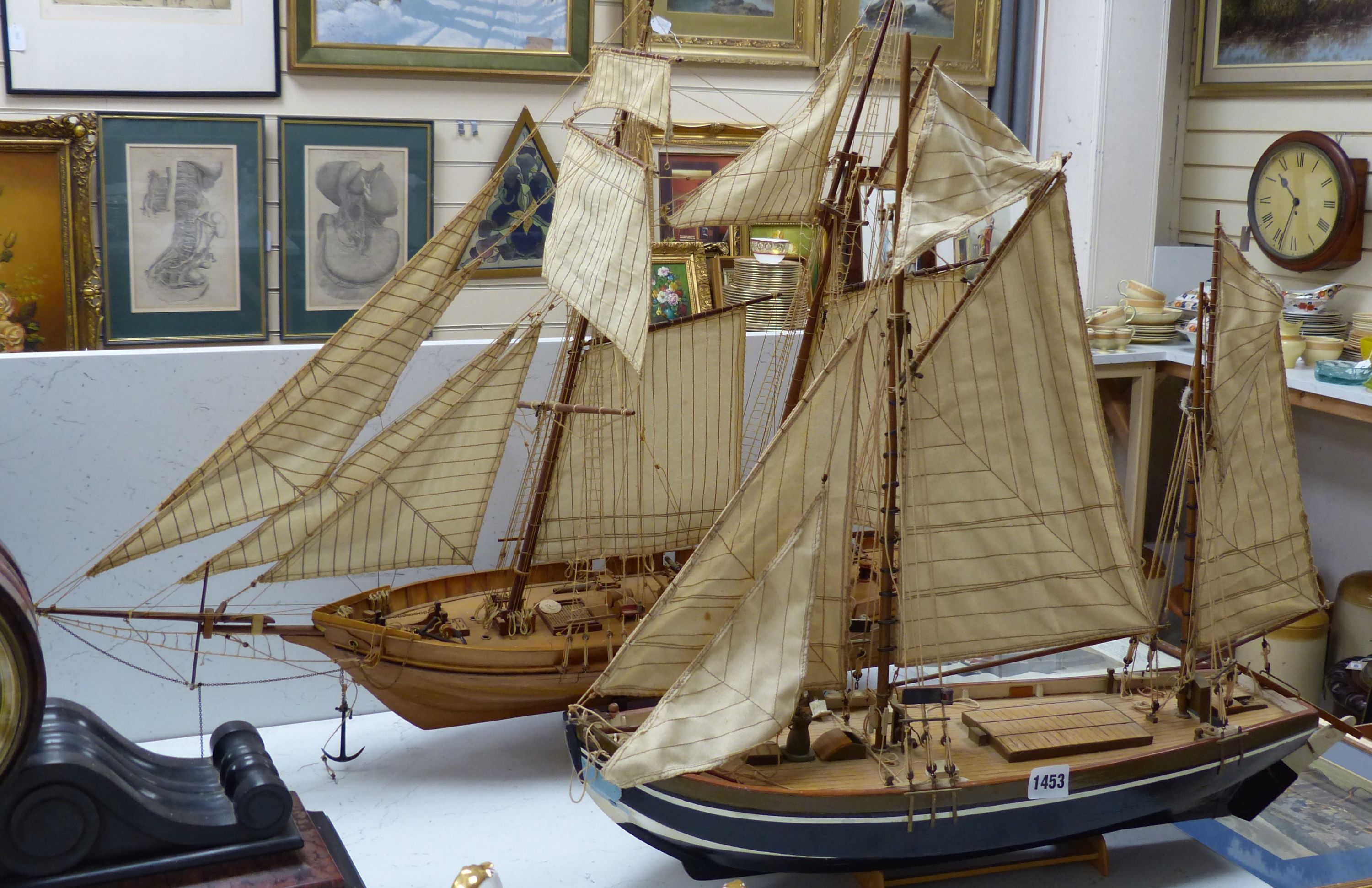 Two scratch built model boats, a clipper and a barge, larger 90 cm